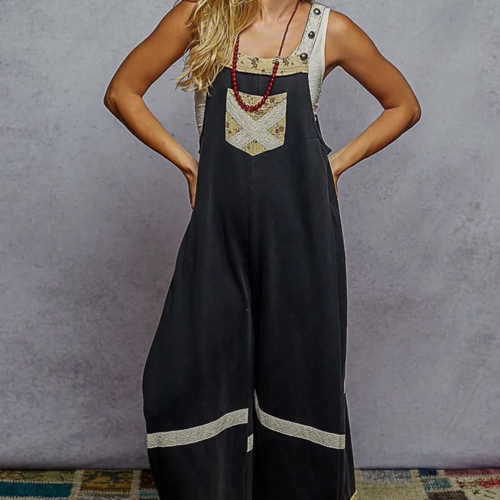 POL Two-Tone Black and Cream Jumpsuit